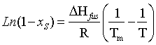 Ln(1-xs)=( enthalpy of fusion/R)x(1/pure ice/water melting point - 1/T)