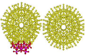 The (H2O)376 water cluster arrangement held by each one of the 14 (Mo)Mo5 anchor points, compared with the arrangement of the (H2O)400 water cluster