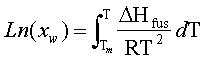 Ln(xw)=integral from T=melting point of pure ice/water to the new melting point of (enthalpy of fusion/RT^2)dT